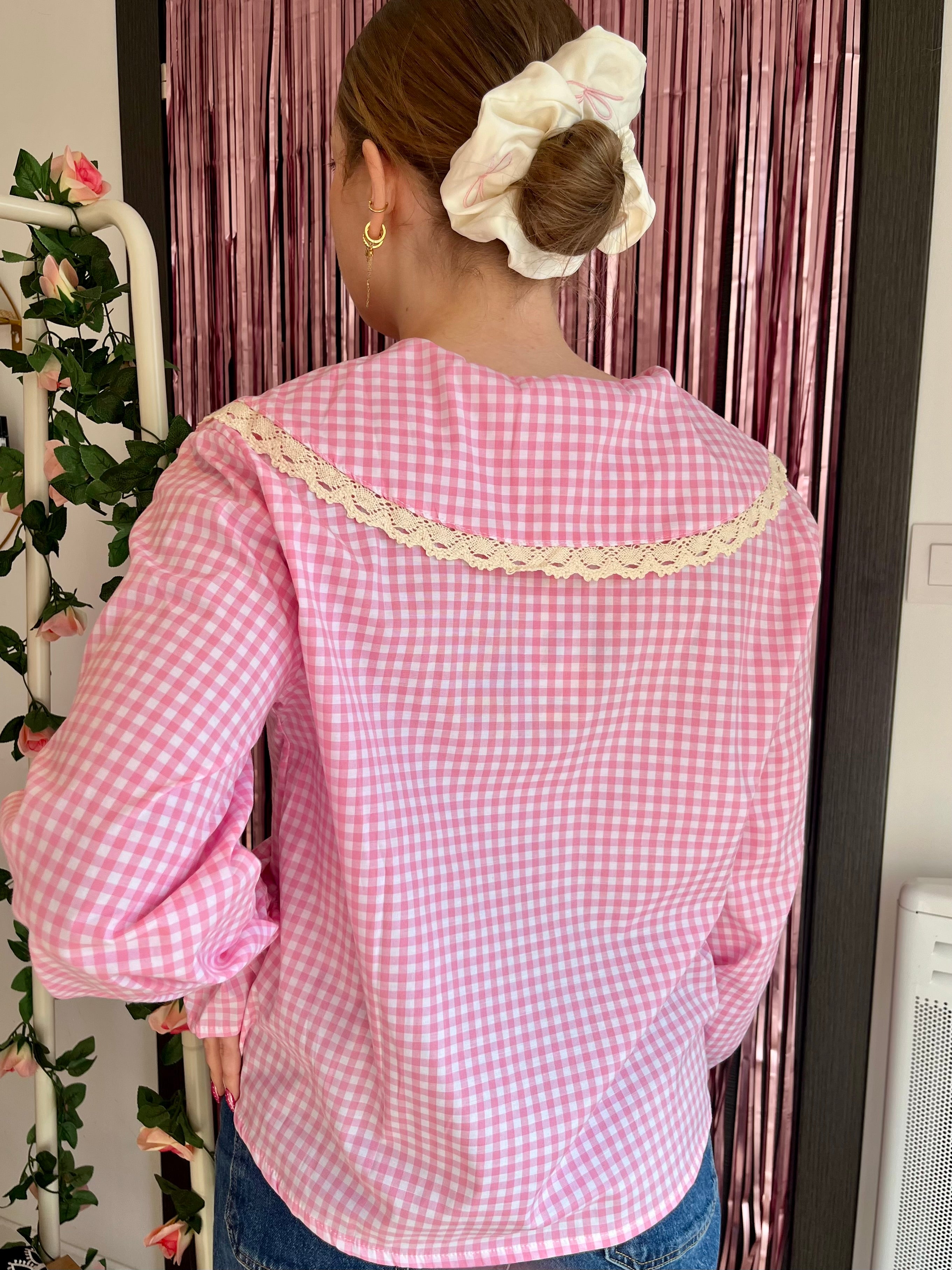 Blouse vichy rose col Claudine