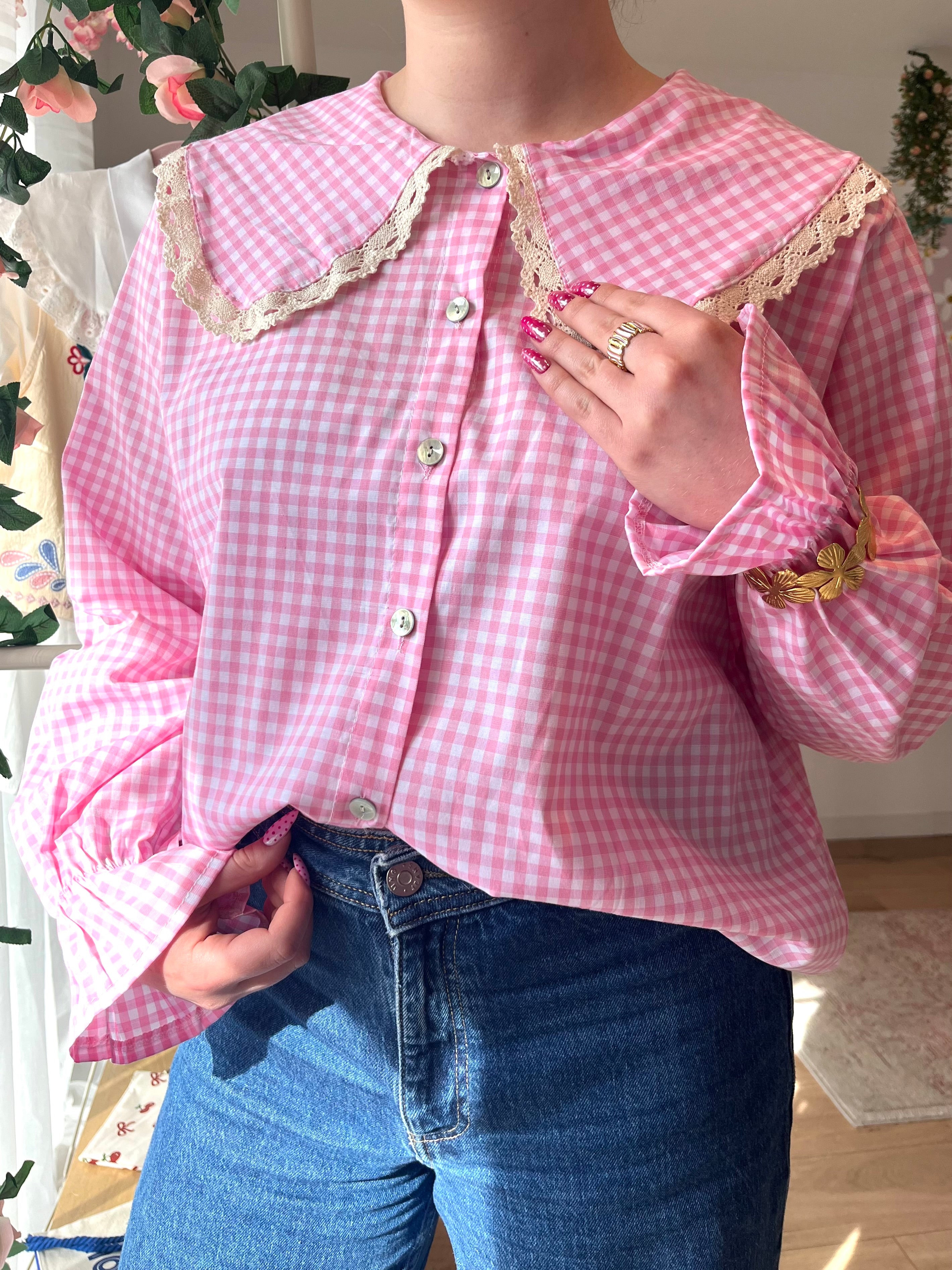 Blouse vichy rose col Claudine